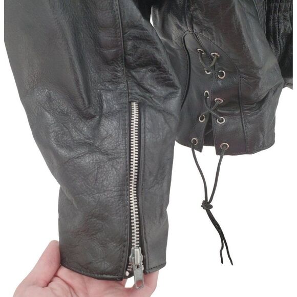 Vintage Interstate Leather Jacket Womens Motorcycle Black Lace Up Side Braided - Picture 5 of 12
